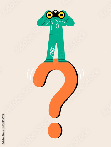 Man with huge question mark look through binoculars to search for new business idea. Colorful vector illustration