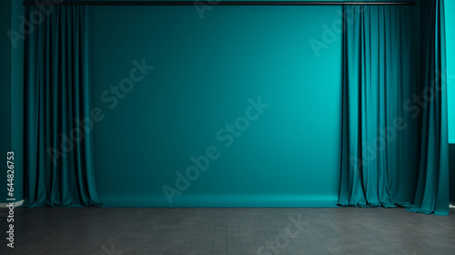 empty cyan wall room with curtains and spotlights 