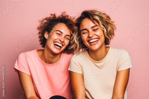 Portrait of two young female interracial best friends laughing, smiling and hugging on solid studio background.
