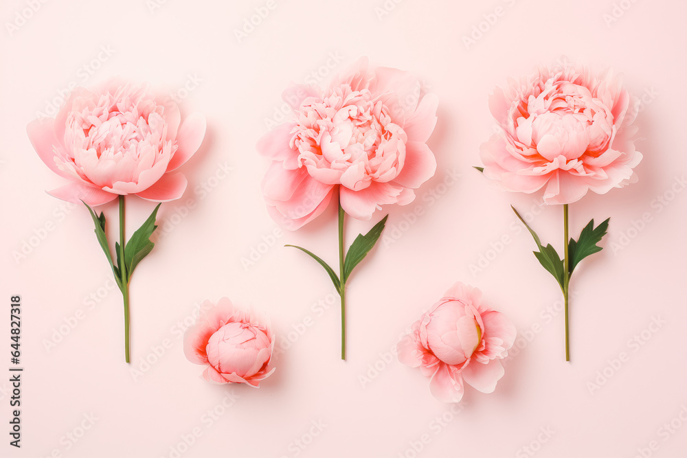 Collection of beautiful peony flowers on solid background.