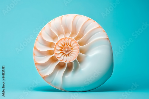 Beautiful nautilus sea shell on solid studio background. Ocean summer and vacation concept.