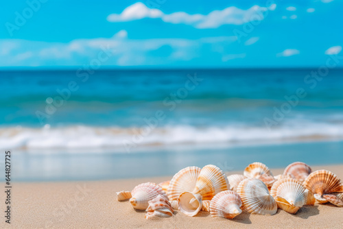 Beautiful sea shells on sandy beach with sea in background. Ocean summer and vacation concept.