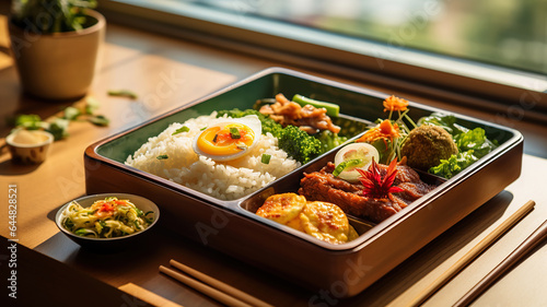 A neatly arranged bento box with compartments filled with rice, vegetables, protein, and side dishes