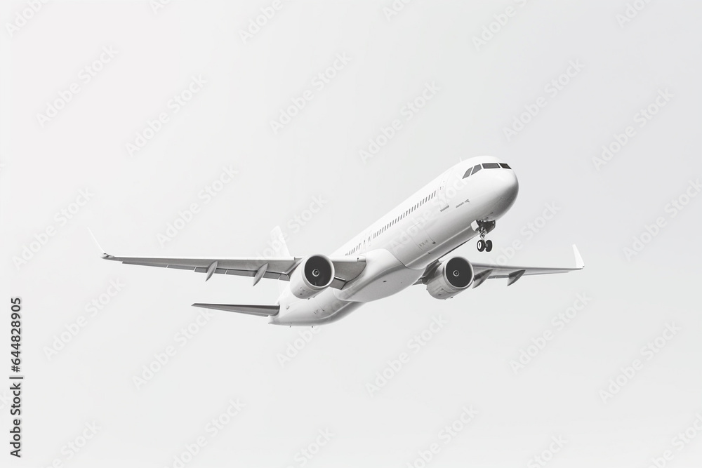 A white aircraft glides through the sky against a spotless white background, presented in a minimalist, hyper-realistic style as it soars through the air. Generative AI. A white aircraft glides through the sky against a spotless white background, presented in a minimalist, hyper-realistic style as it soars through the air. Generative AI.
