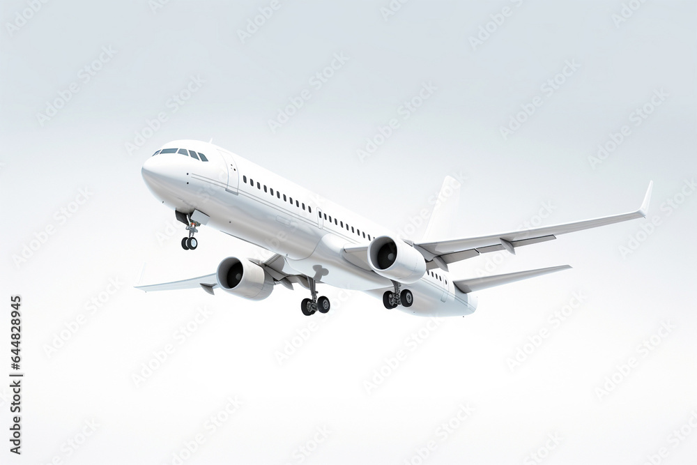 A white aircraft glides through the sky against a spotless white background, presented in a minimalist, hyper-realistic style as it soars through the air. Generative AI. A white aircraft glides through the sky against a spotless white background, presented in a minimalist, hyper-realistic style as it soars through the air. Generative AI.