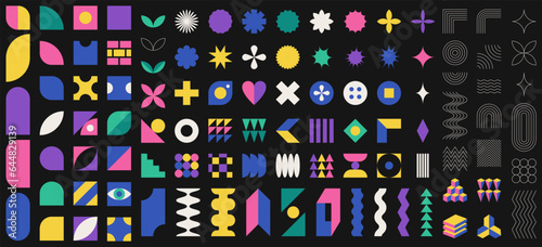 Collection of flat and outline abstract geometric shapes. Brutalism, Swiss minimalism, Bauhaus style inspired. Color Vector design elements isolated on black background. Ediatble strokes. photo