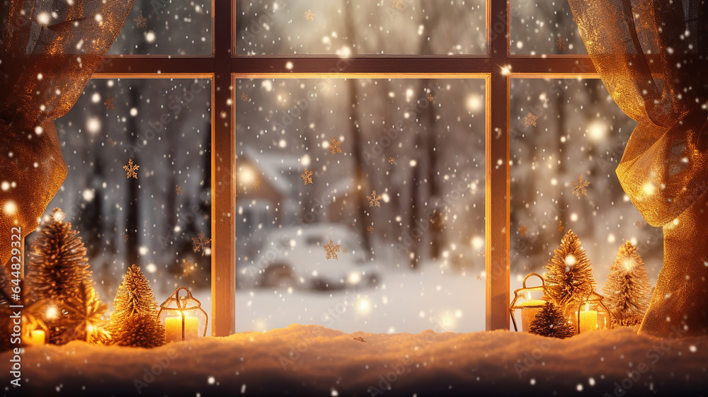 a cozy window illuminated from the inside, with snowflakes falling outside - obrazy, fototapety, plakaty 