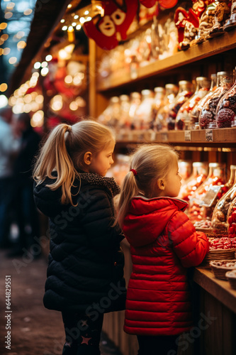 Children looking at sweets at the Christmas market. AI generative.