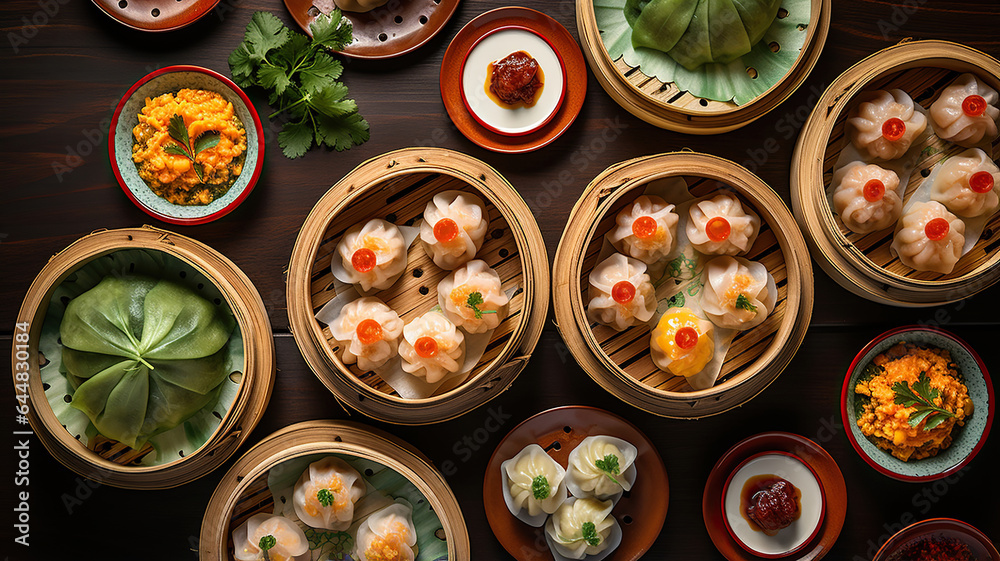 An array of colorful and delicate dim sum dishes, showcasing the variety of flavors and textures