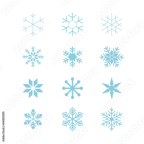 Snowflake variations icon collection. Blue ice crystal snowflakes on a white background. Winter symbol. Christmas logo sign. Vector illustration.