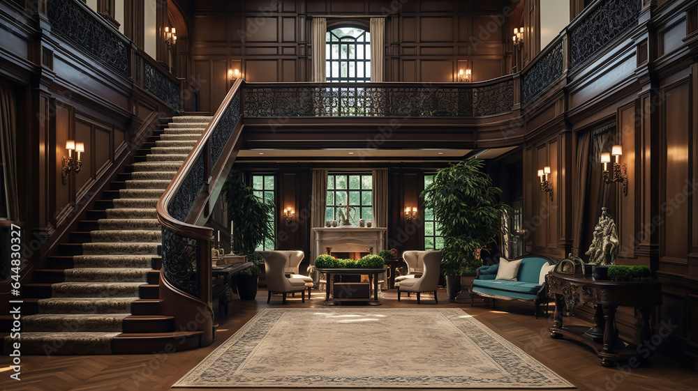 A grand interior shot of an elegant mansion showcasing its architectural beauty