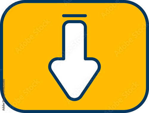 Down Arrow Symbol On Square Icon In Yellow And White Color.