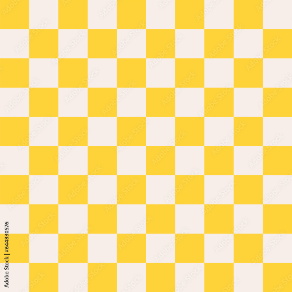 Groovy checkered seamless pattern, vintage aesthetic background, checkerboard texture. Funky hippie fashion textile print, retro yellow and white square background with tile vector pattern 