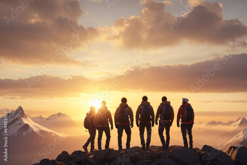 A group of friends standing together, united in their mission to reach the summit of the mountain, the sun setting in the background.