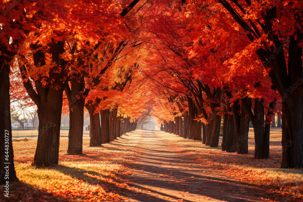 autumn avenue full of fallen coloured leaves. AI generative. - obrazy, fototapety, plakaty 