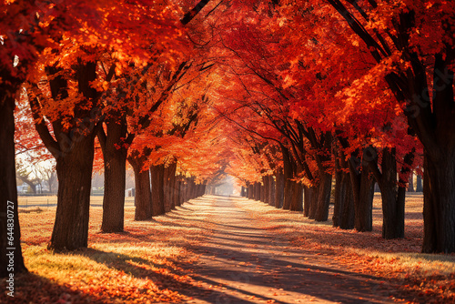 Fotografia autumn avenue full of fallen coloured leaves. AI generative.