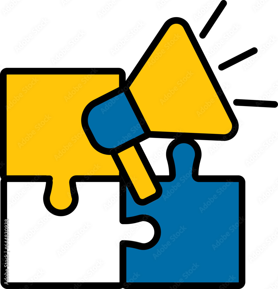 Puzzle With Megaphone Icon In Yellow And Blue Color. Puzzle With Megaphone Icon In Yellow And Blue Color.