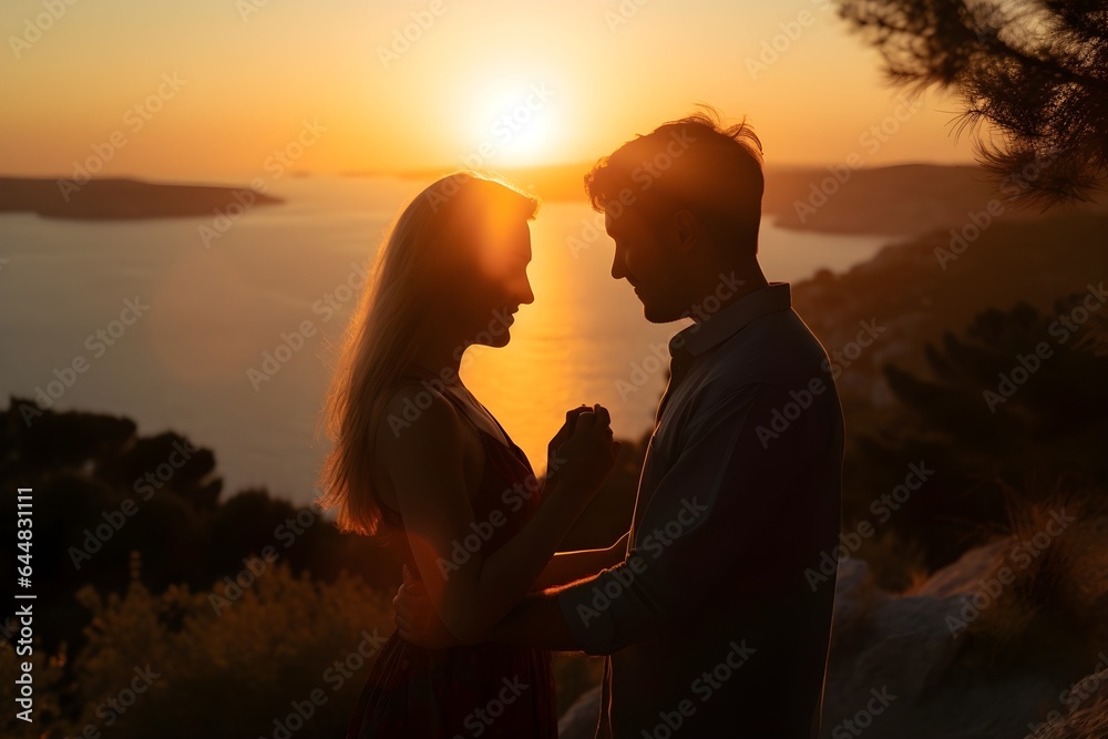 silhouette of couple kissing on sunset