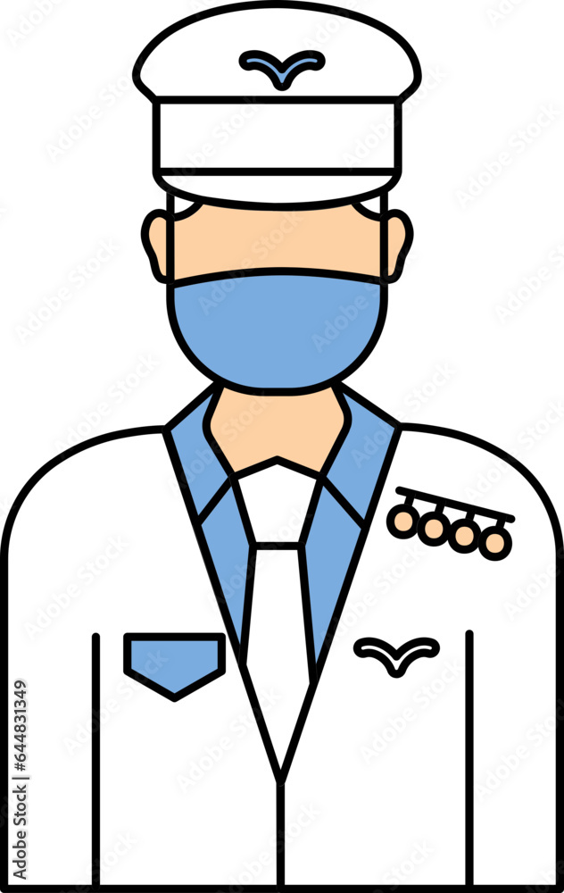 Illustration Of Pilot Man Wear Mask Icon In Blue And White Color.