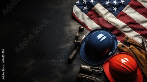 Various engineer tools labor day construction and manufacturing tools on dark black background with patriotic US, USA, American flags. © ND STOCK