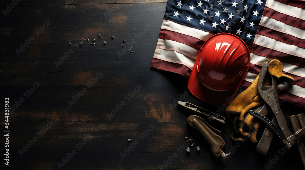 Various engineer tools labor day construction and manufacturing tools on dark black background with patriotic US, USA, American flags. Various engineer tools labor day construction and manufacturing tools on dark black background with patriotic US, USA, American flags.