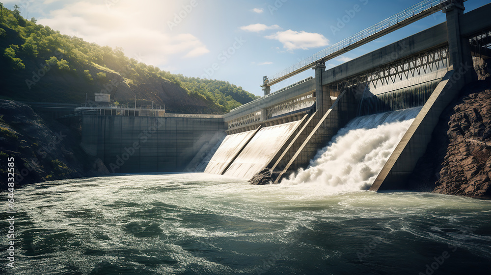 A hydroelectric power facility harnessing the power of flowing water to create renewable energy A hydroelectric power facility harnessing the power of flowing water to create renewable energy