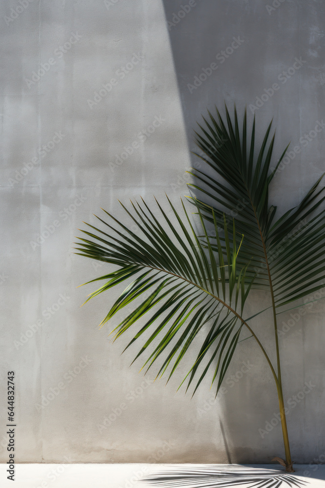 Palm Tree Leaves, Concrete Wall Background, empty space for text