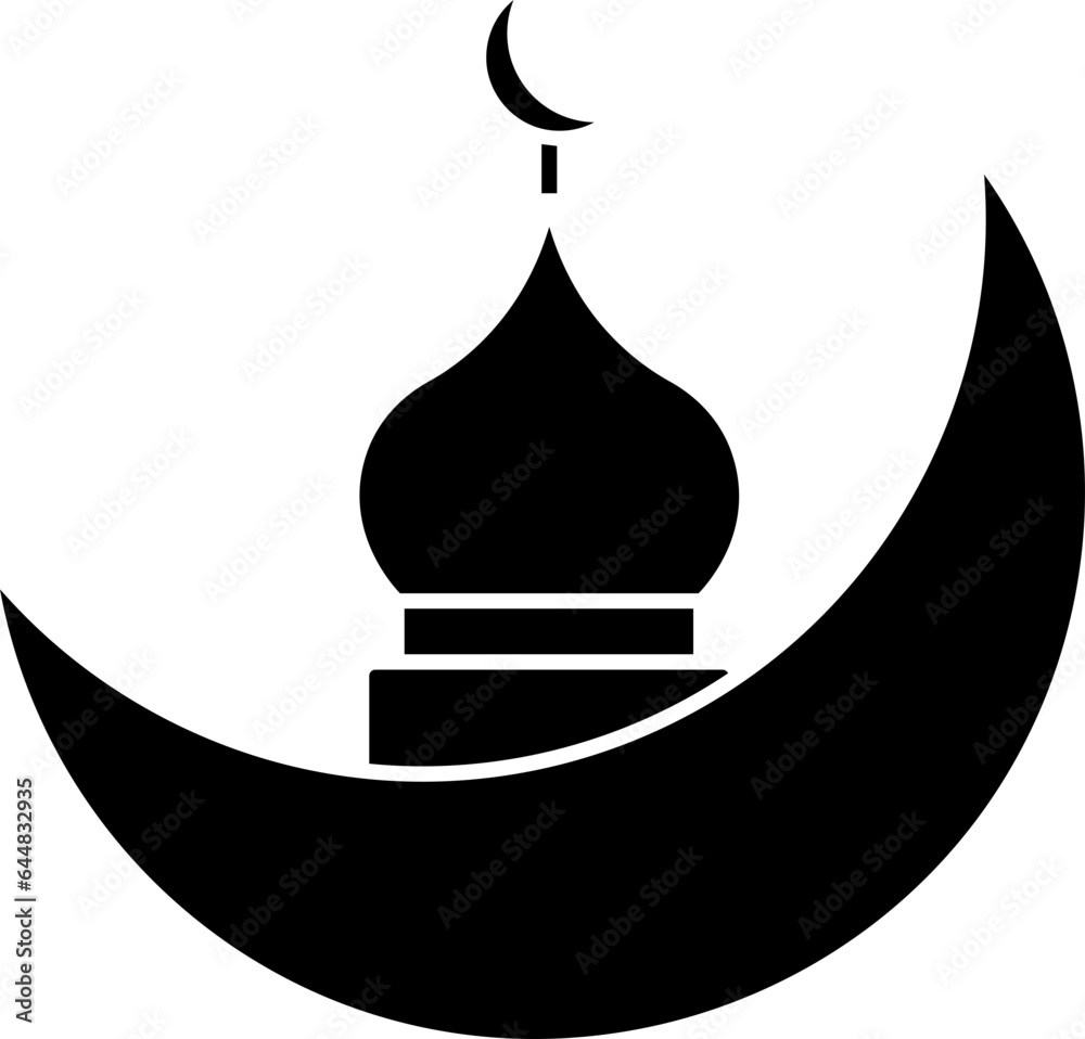 Black And White Crescent Moon With Mosque Icon. Black And White Crescent Moon With Mosque Icon.