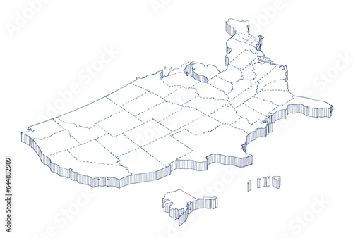Isometric hand drawn map of the USA. 3D Line and color vector. 50 states