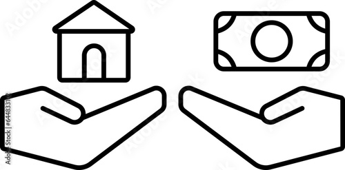 People Give Hand To Hand Money And House Icon In Line Art.