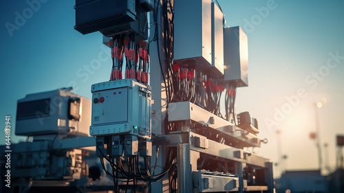 A shot focusing on the network equipment and devices attached to a 5G tower