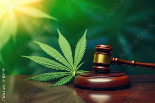 A judge's gavel sitting on top of a wooden table. Legalization of marijuana. Imaginary illustration.