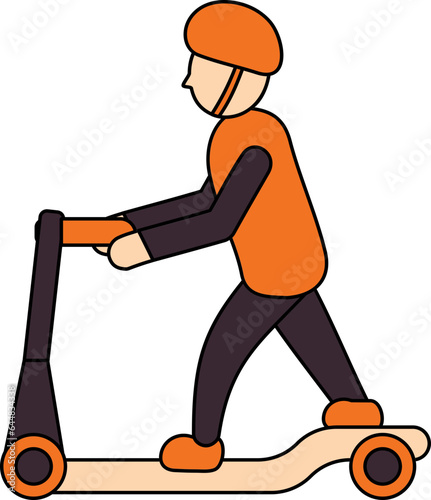 Man Riding Kick Scooter Icon In Orange And Magenta Color.