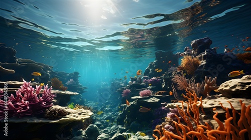 Large Coral Reef With Clear Water And Fish. Illustration on the theme of the underwater world, ecology and climate, water resources and travel. Generative AI 