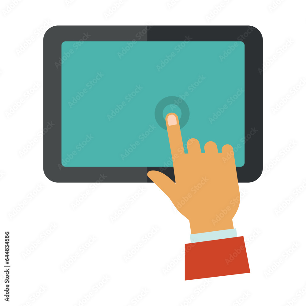 Businessman pressing his index finger on screen. Electronic tablet. Multicolored flat vector icon representing hand gestures and actions concept isolated on white background Businessman pressing his index finger on screen. Electronic tablet. Multicolored flat vector icon representing hand gestures and actions concept isolated on white background