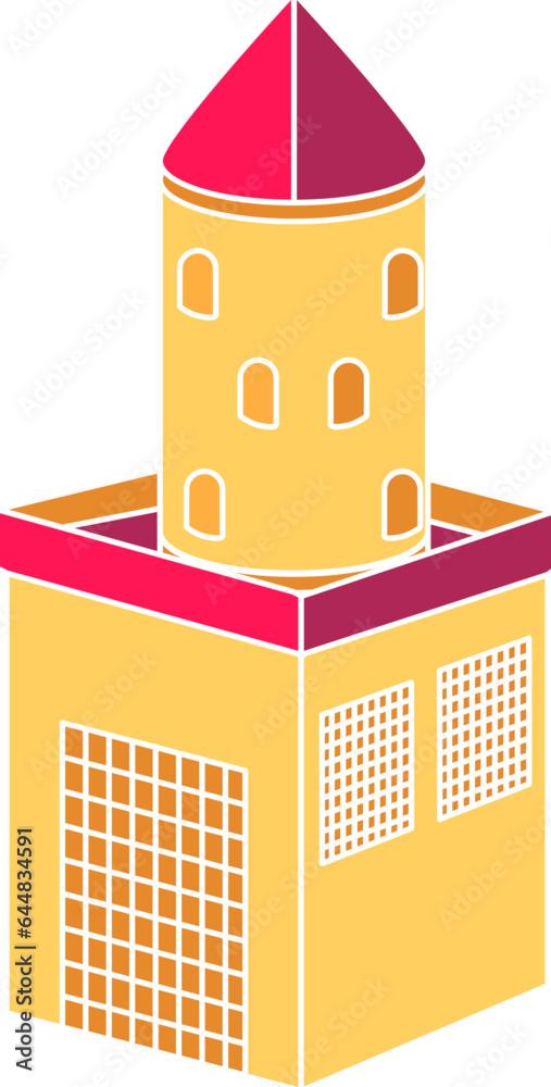 Fototapeta premium Flat Style Castle Tower Icon In Pink And Yellow Color.