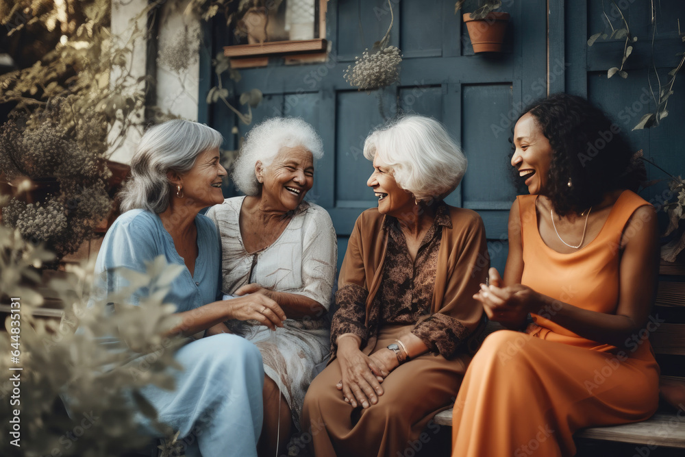 A company of beautiful old women enjoys a heart-to-heart conversation at home.