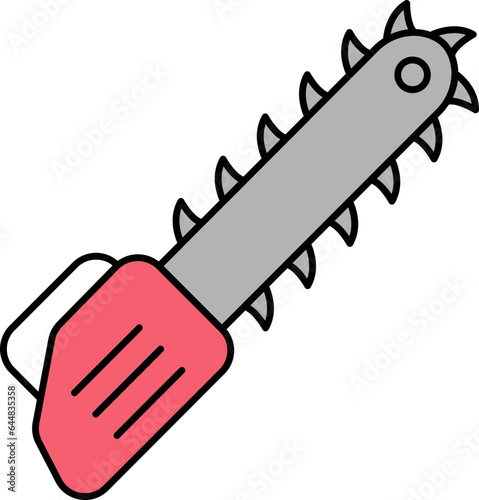 Flat Style Chainsaw Icon In Red And Grey Color.