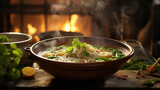 a Bowl of Fragrant Asian Noodle Soup, Steam Rising, Topped with Fresh Herbs in a Bright Kitchen Scene