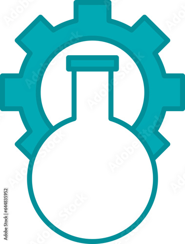 Chemical Flask With Cogwheel Icon In Cyan And White Color.