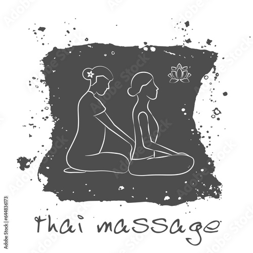 Logo thai massage in gray. Silhouette of a woman getting traditional thai stretching massage by therapist.  background with dry rough edges. Thai massage concept for your design. EPS10