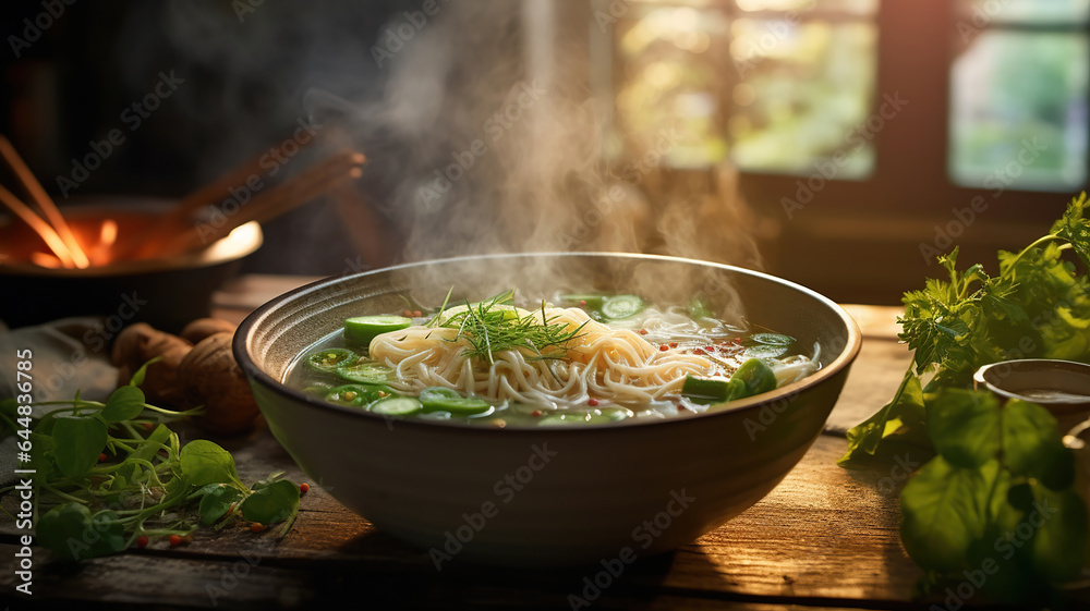 a Bowl of Fragrant Asian Noodle Soup, Steam Rising, Topped with Fresh Herbs in a Bright Kitchen Scene a Bowl of Fragrant Asian Noodle Soup, Steam Rising, Topped with Fresh Herbs in a Bright Kitchen Scene