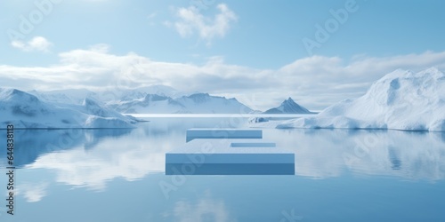 A large iceberg floating in the middle of a lake. Imaginary illustration. Empty stage, podium.