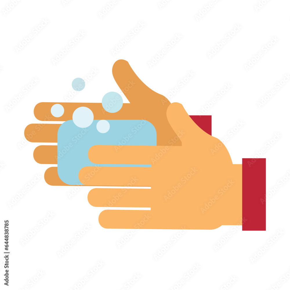 Man holding bar of soap in hands. Person washing palms. Multicolored flat vector icon representing hand gestures and actions concept isolated on white background Man holding bar of soap in hands. Person washing palms. Multicolored flat vector icon representing hand gestures and actions concept isolated on white background