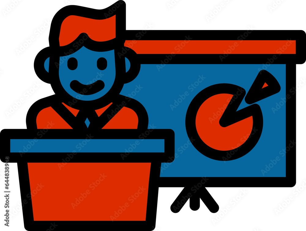 Obraz premium Businessman Presenting Chart Icon In Blue And Red Color.