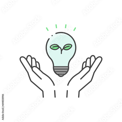 緑色の葉っぱのマークと電球を守る人の手のシンプルなアイコン -エコ･ 省エネ･節電のイメージの素材