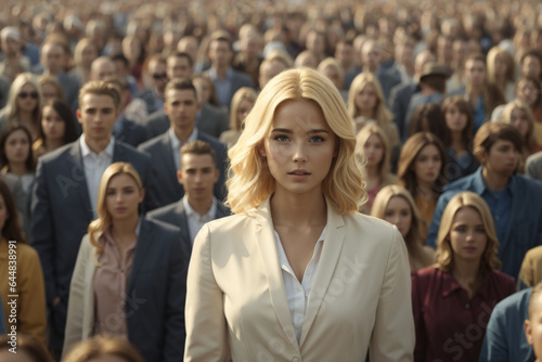 Stand out from the crowd concept with blonde woman standing out from large crowd of people