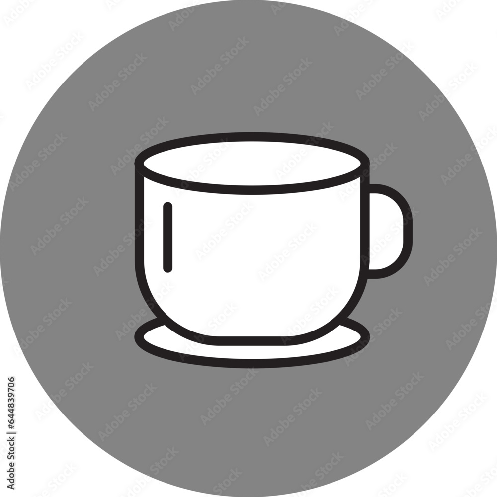 Cup On Plate Line Art Icon On Gray Circle Background. Cup On Plate Line Art Icon On Gray Circle Background.