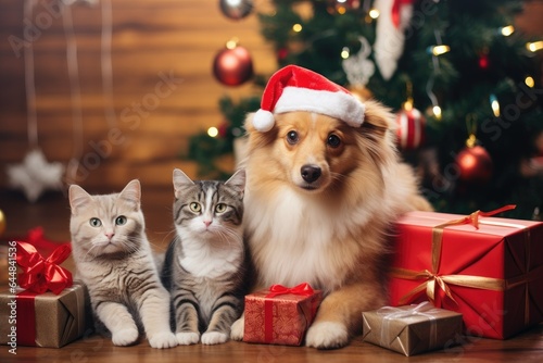 Twocat and one dog in santa hat with christmas tree on background, ai generative