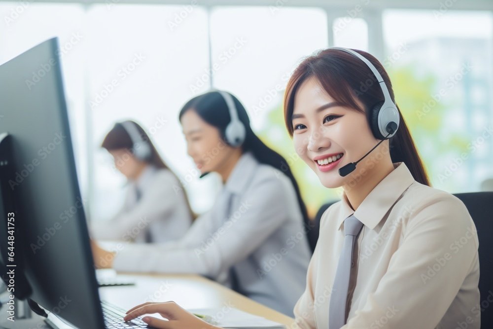 Customer support agent or call center in headset working at customer service office. Customer support agent or call center in headset working at customer service office.